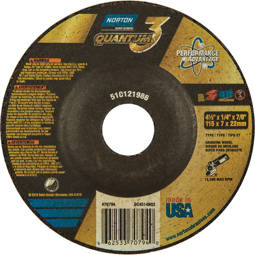 Quantum3 Grinding Wheel, 4-1/2" x 1/4", 7/8" Arbor, Ceramic Alumina, Type 27 Toolneeds Inc.