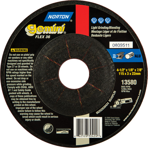Mini meule &agrave; moyeu d&eacute;port&eacute; flexible Gemini, 4-1/2" x 1/8", Arbre 7/8", Oxyde d'aluminium, Type 27 Toolneeds Inc.
