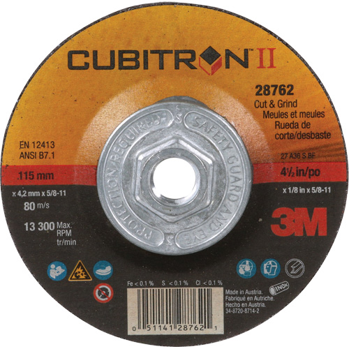 Disque de coupe et de meulage &agrave; changement rapide Cubitron II, 4-1/2" x 1/8", Arbre de 5/8"-11, Type 27, C&eacute;ramique Toolneeds Inc.