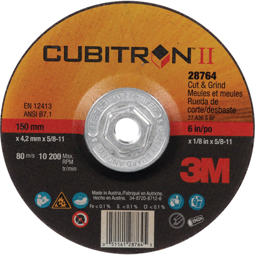 Disque de coupe et de meulage &agrave; changement rapide Cubitron II, 6" x 1/8", Arbre de 5/8"-11, Type 27, C&eacute;ramique Toolneeds Inc.