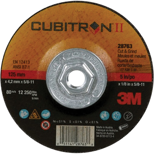 Disque de coupe et de meulage &agrave; changement rapide Cubitron II, 5" x 1/8", Arbre de 5/8"-11, Type 27, C&eacute;ramique Toolneeds Inc.