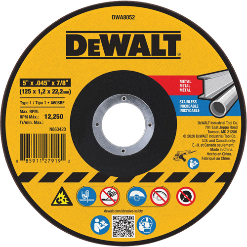 Metal Cut-Off Wheel, 5" x 0.045", 7/8" Arbor, Aluminum Oxide, Type 1 Toolneeds Inc.