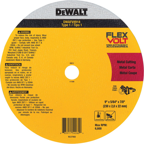 Meule de tronçonnage des m&eacute;taux FlexVolt, 9-1/16" x 0,078", Arbre 22,23 mm, C&eacute;ramique, Type 1 Toolneeds Inc.