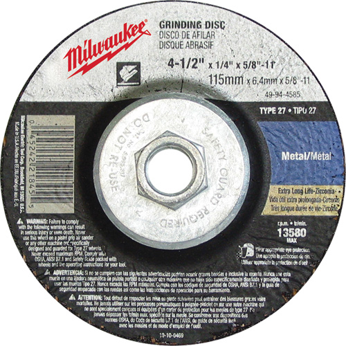 Meule, 4-1/2" x 1/8", Arbre 5/8"-11, Oxyde d'aluminium, Type 27 Toolneeds Inc.