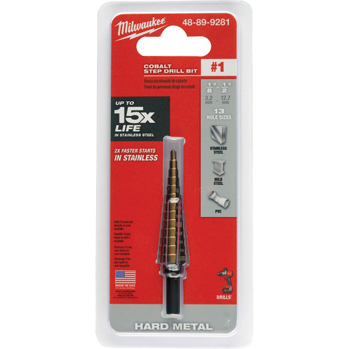 Step Drill Bit, 1/8"/#1 - 1/2"/#1 , 1/32" Increments, High Speed Cobalt Toolneeds Inc.