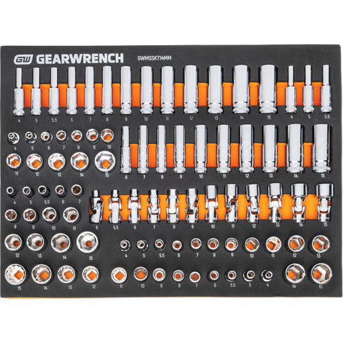 Jeu d'outils m&eacute;triques pour m&eacute;canicien MEGAMOD dans des plateaux en mousse modulaire avec armoire roulante &agrave; outils, 358 morcea Toolneeds Inc.