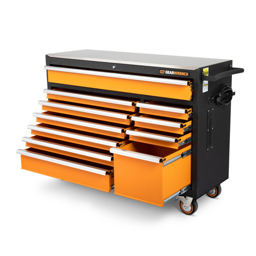 Armoire &agrave; outils roulante avec dessus de travail en acier inoxydable, 11 tiroirs, 52" la x 18" p x 36" h, Noir/Orange Toolneeds Inc.
