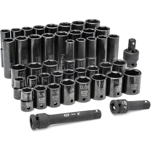6 Point SAE/Metric Socket Set, 44 Pcs, Impact, 1/2" Drive Size, Deep Toolneeds Inc.