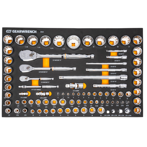 Jeu d'outils SAE/m&eacute;triques pour m&eacute;canicien &agrave; 90 dents 1/4", 3/8" & 1/2" avec plateau de rangement en mousse Toolneeds Inc.