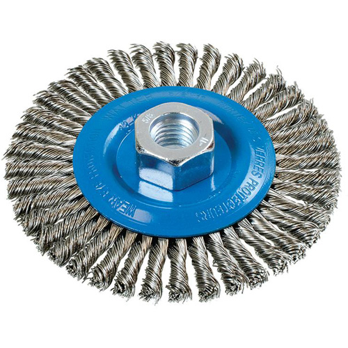Stringer Bead Knotted Wire Brush, 4-1/2" Dia., 0.02" Fill, 5/8"-11 Arbor, Aluminum/Stainless Steel Toolneeds Inc.