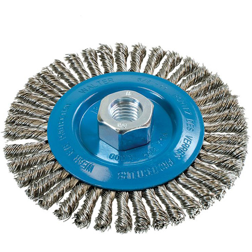 Brosse &agrave; fils &eacute;troits nou&eacute;s et torsad&eacute;s, Dia. 5", Fils 0,02", Arbre 5/8"-11, Aluminium/Acier inoxydable Toolneeds Inc.