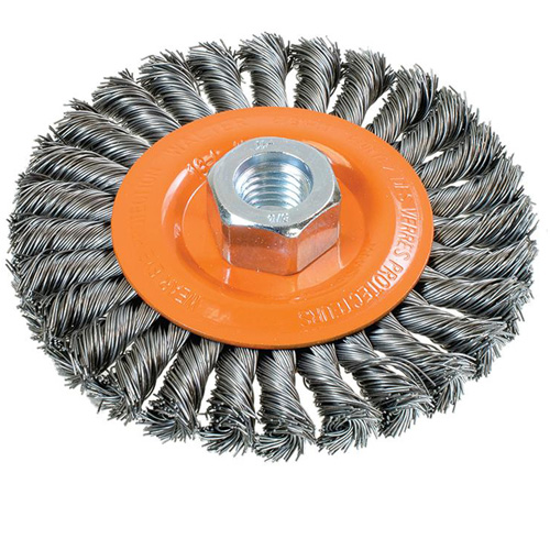 Brosse rotative &agrave; fils nou&eacute;s large, Dia. 4-1/2", Fils 0,02", Arbre 5/8"-11, Acier Toolneeds Inc.