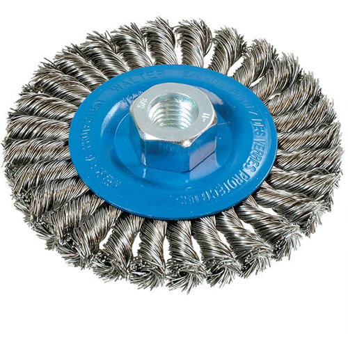 Wide Knotted Wire Wheel Brush, 4-1/2" Dia., 0.02" Fill, 5/8"-11 Arbor, Aluminum/Stainless Steel Toolneeds Inc.