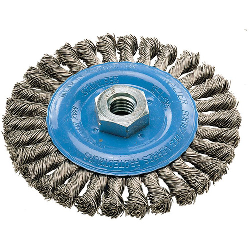 Wide Knotted Wire Wheel Brush, 5" Dia., 0.02" Fill, 5/8"-11 Arbor, Aluminum/Stainless Steel Toolneeds Inc.