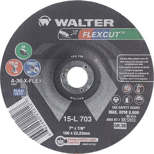 Flexcut Depressed Centre Grinding Wheels, 7", 36 Grit, Aluminum Oxide, 7/8", 8600 RPM, Type 29 Toolneeds Inc.
