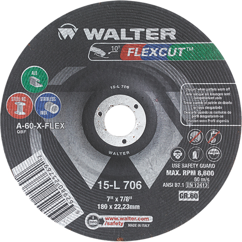 Meules &agrave; moyeu d&eacute;port&eacute; Flexcut, 7", 60 Grain, Oxyde d'aluminium, 7/8", 8600 Tr/min, Type 29 Toolneeds Inc.