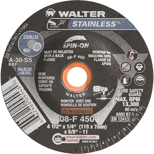 Meules &agrave; moyeu d&eacute;port&eacute; - Acier inoxydable type 27, 4-1/2" x 1/4", Arbre de 5/8"-11, Type 27S Toolneeds Inc.