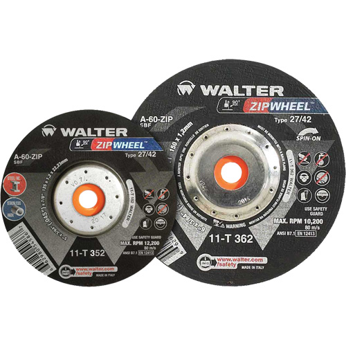 Spin-On Zipcut Right Angle Grinder Reinforced Cut-Off Wheels, 5" x 7/8", 5/8"-11 Arbor, Type 27, Aluminum Oxide, 12200 RPM Toolneeds Inc.