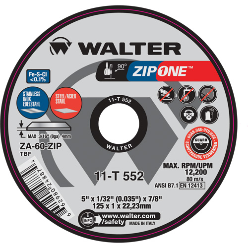 Zip One Cut-Off Wheel, 5" x 1/32", 7/8" Arbor, Type 1, Zirconia Alumina, 12200 RPM Toolneeds Inc.
