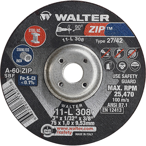 Zip Cutting and Grinding Wheel, 3" x 1/13", 3/8" Arbor, Type 27, 60 Grit, Aluminum Oxide Toolneeds Inc.