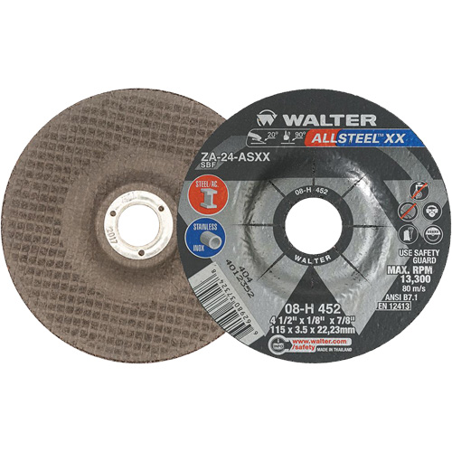 Depressed Centre Grinding Wheels - Allsteel XX, 4-1/2" x 1/8", 7/8" Arbor, Type 27, Zirconia Alumina, 13300 RPM Toolneeds Inc.