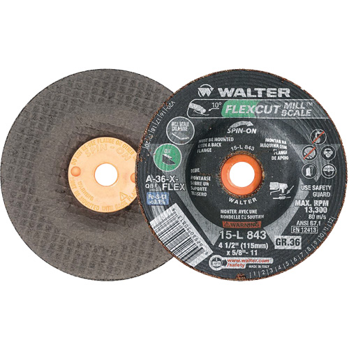 FLEXCUT MILL SCALE Grinding Wheel, 4-1/2", 36 Grit, Aluminum Oxide, 5/8"-11, 13300 RPM, Type 29 Toolneeds Inc.