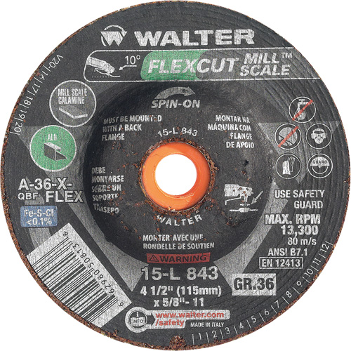 FLEXCUT MILL SCALE Grinding Wheel, 4-1/2", 36 Grit, Aluminum Oxide, 5/8"-11, 13300 RPM, Type 29 Toolneeds Inc.