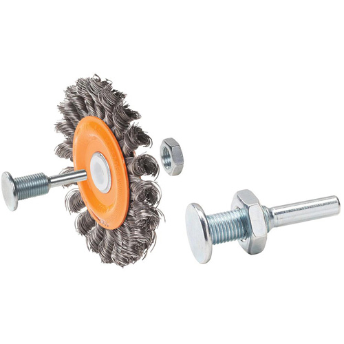 Brosse rotative mont&eacute;e &agrave; fils nou&eacute;s torsad&eacute;s r&eacute;versible, Dia. 4", Fils 0,0118", Arbre 5/8", Acier Toolneeds Inc.
