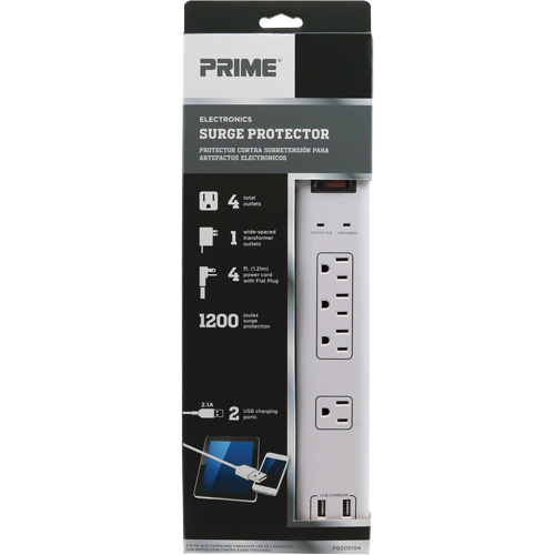 Limiteurs de surtension avec chargeur USB, 4 Prises, 1200 J, 1875 W, Cordon 4' Toolneeds Inc.