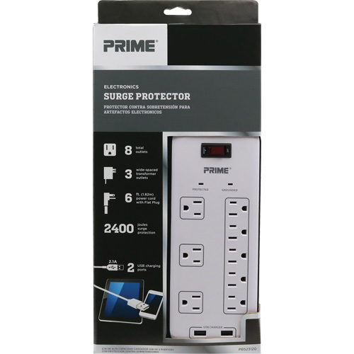 Limiteurs de surtension avec chargeur USB, 8 Prises, 2400 J, 1875 W, Cordon 6' Toolneeds Inc.