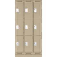 Clean Line Lockers, 3 -tier, Bank of 3, 36" x 18" x 76", Steel, Beige, Rivet (Assembled) Toolneeds Inc.