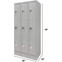 Lockers, 3 -tier, Bank of 3, 36" x 18" x 76", Steel, Grey, Knocked Down Toolneeds Inc.
