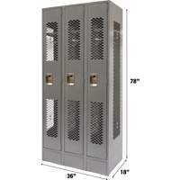 Vented Lockers, Bank of 3, 36 x 18" x 78", Steel, Grey, Knocked Down, Perforated Toolneeds Inc.