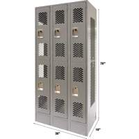 Vented Lockers, 2 -tier, Bank of 3, 36 x 18" x 78", Steel, Grey, Knocked Down, Perforated Toolneeds Inc.