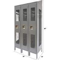 Vented Lockers, Bank of 3, 36 x 18" x 88", Steel, Grey, Knocked Down, Perforated Toolneeds Inc.