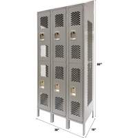 Vented Lockers, 2 -tier, Bank of 3, 36 x 18" x 88", Steel, Grey, Knocked Down, Perforated Toolneeds Inc.