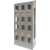 Vented Lockers, 2 -tier, Bank of 3, 36 x 18" x 88", Steel, Grey, Knocked Down, Perforated Toolneeds Inc.