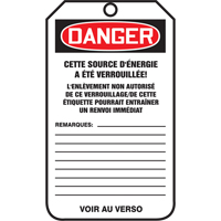 &eacute;tiquettes de verrouillage, Plastique, 3-3/8" la x 5-7/8" h, Français Toolneeds Inc.