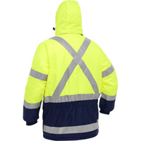 Manteau pour le froid extr&ecirc;me avec bas bleu marin et X au dos Bisley, Polyester, Jaune lime haute visibilit&eacute;, Petit Toolneeds Inc.