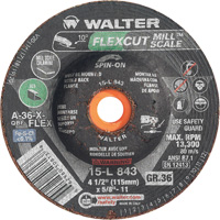 FLEXCUT MILL SCALE Grinding Wheel, 4-1/2", 36 Grit, Aluminum Oxide, 5/8"-11, 13300 RPM, Type 29 Toolneeds Inc.